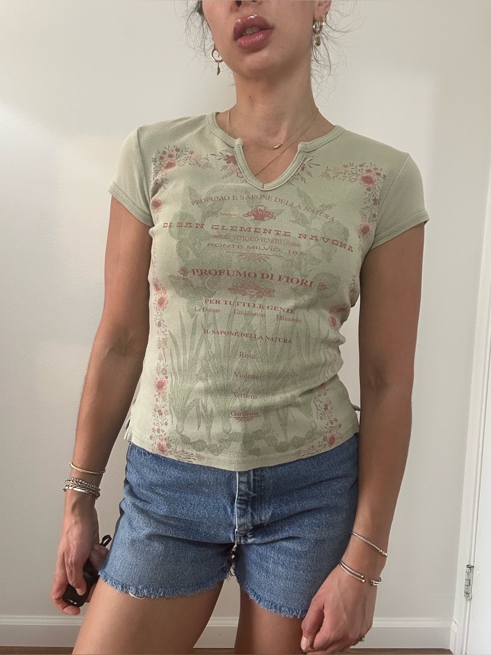 Vintage I.N. Green Y2K Printed Cap Sleeve Baby Tee Cotton Made in USA Size S